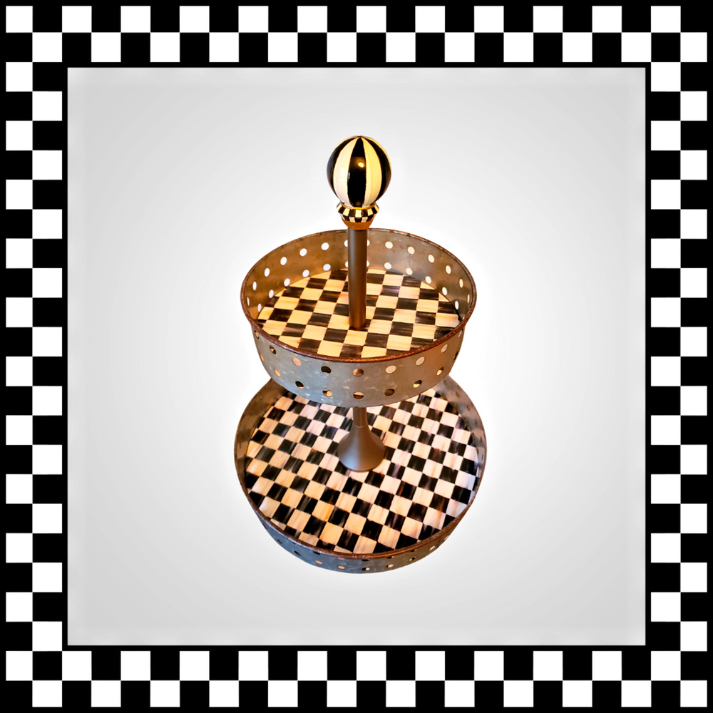 Mackenzie Childs Courtly Tin Stand 15" Tall Retired Checked Enamel Food Safe